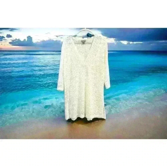 J. Valdi Swim Cover Up Women’s Medium White Eyelet Lace Crochet Look V-Neck - Picture 1 of 8